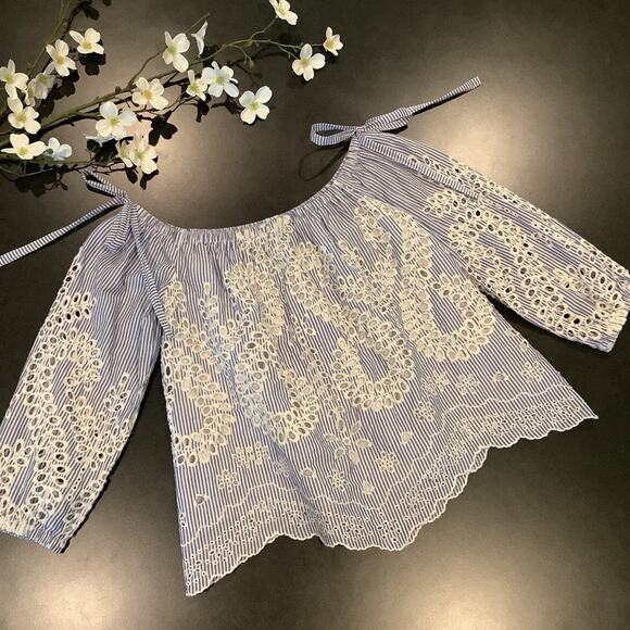 Express Off Shoulder Gathered Peasant Top Floral Eyelet Embroidery Cutouts - Picture 5 of 12